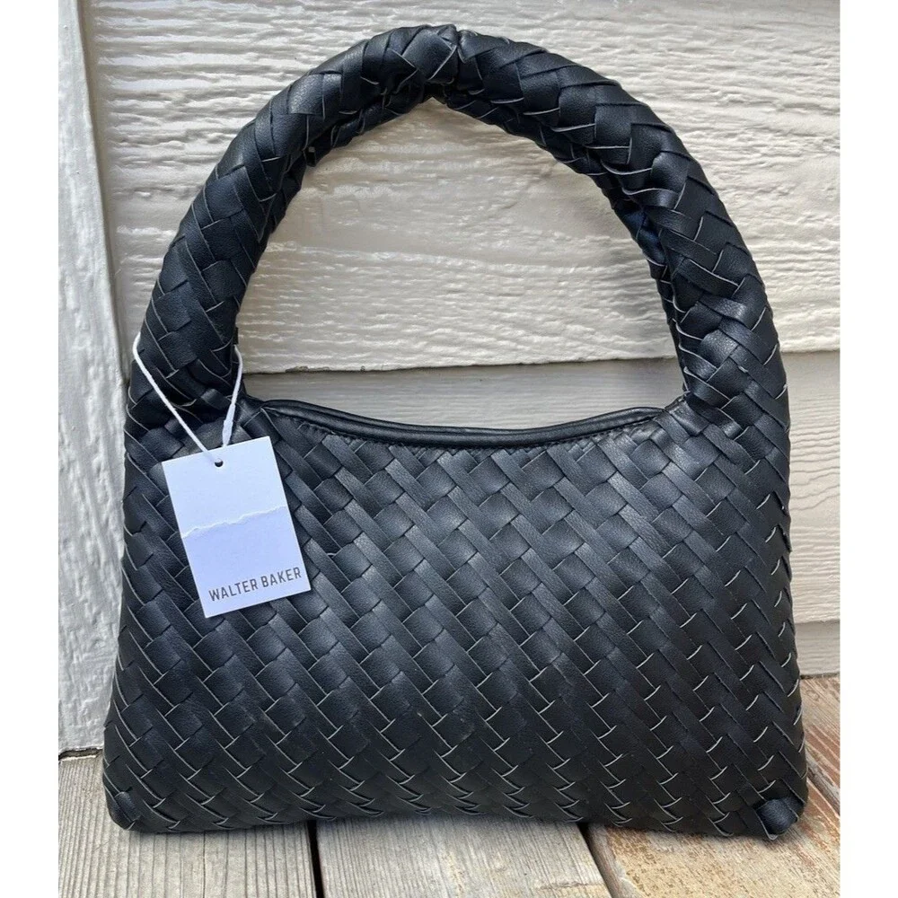 New! Walter Baker Margaux Handbag Black Woven Hobo Bag Vegan Leather